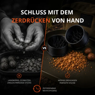 Vergleich zwischen dem Zerkleinern von Boilies von Hand und mit dem Capium Boilie-Zerkleinerer