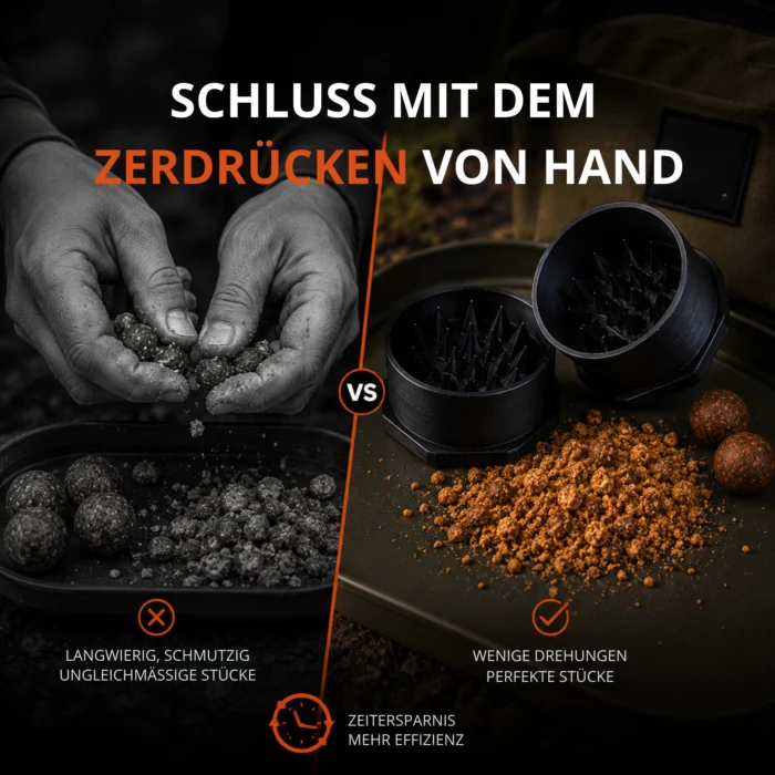 Vergleich zwischen dem Zerkleinern von Boilies von Hand und mit dem Capium Boilie-Zerkleinerer
